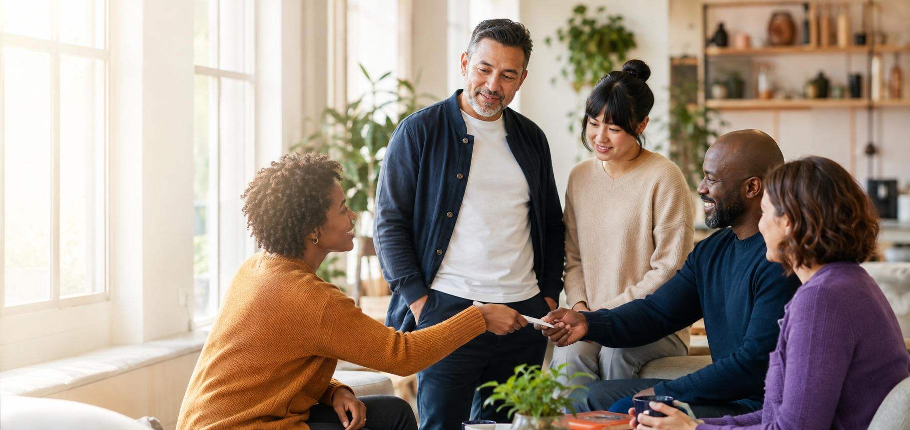 People from different backgrounds starting a warm conversation in a bright community space