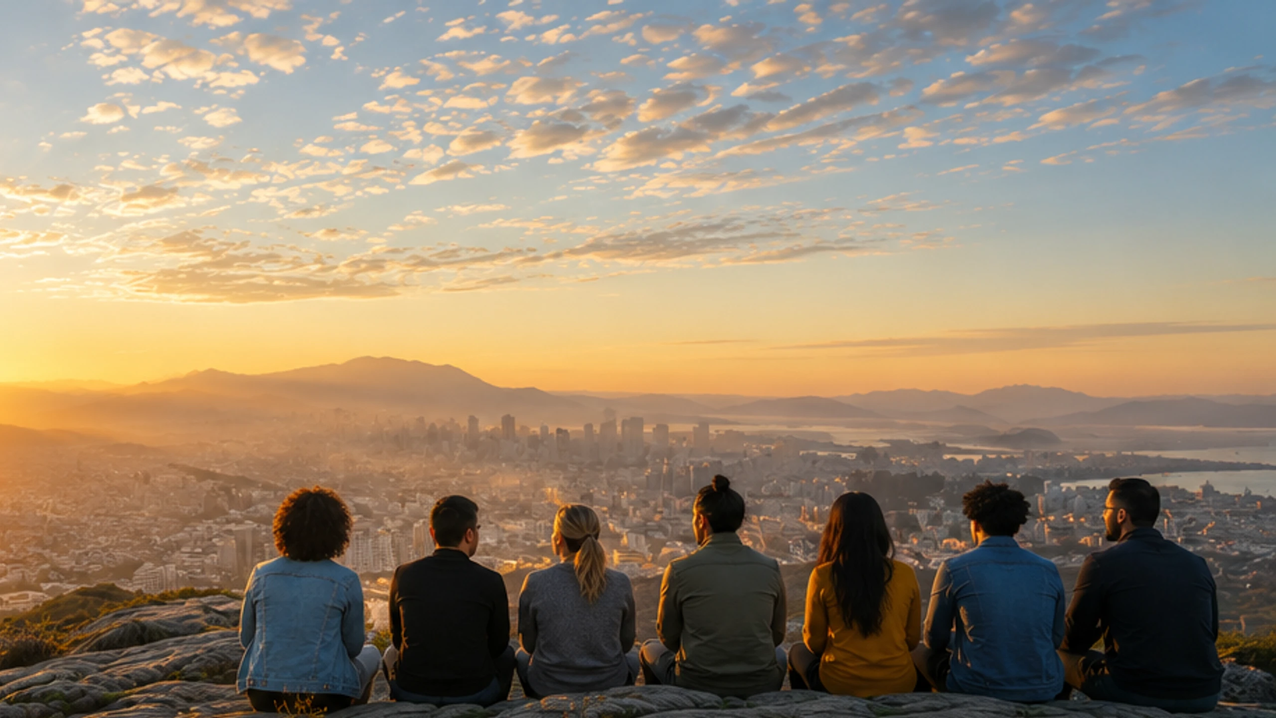 A diverse group of people seated together above a sunrise city and mountain landscape.