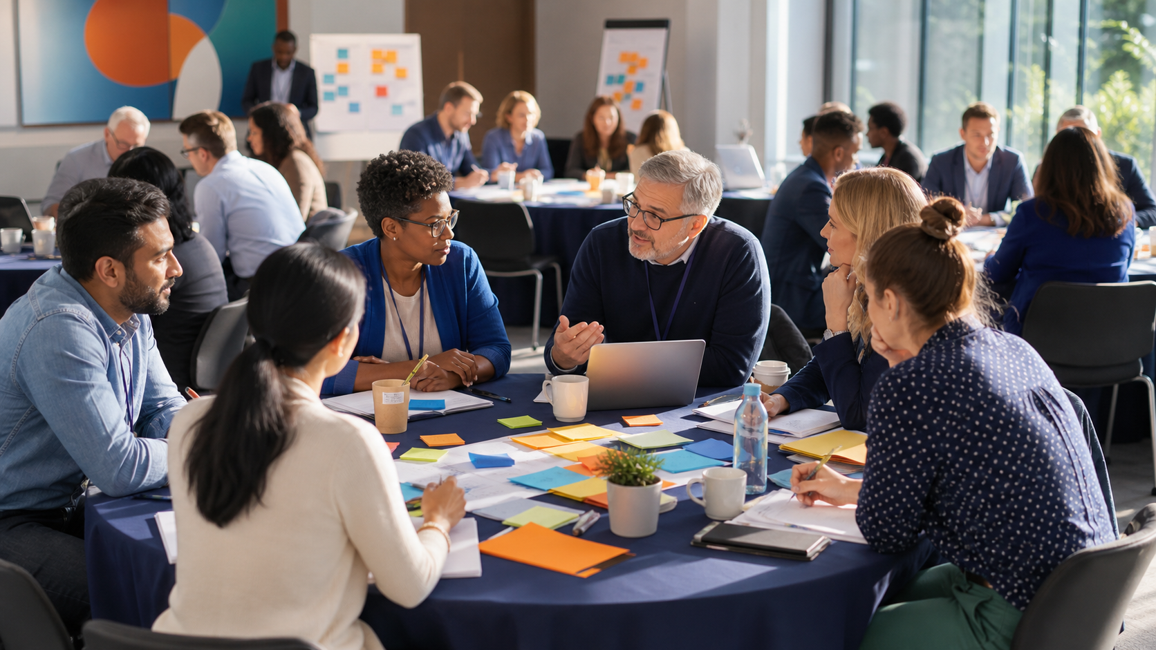 Participants discussing ideas in small afternoon groups around tables